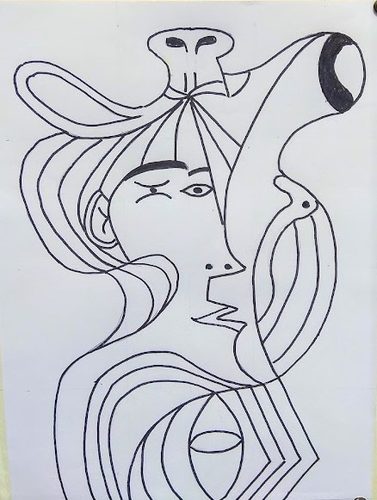 Pen.Lady with bow, winking.
